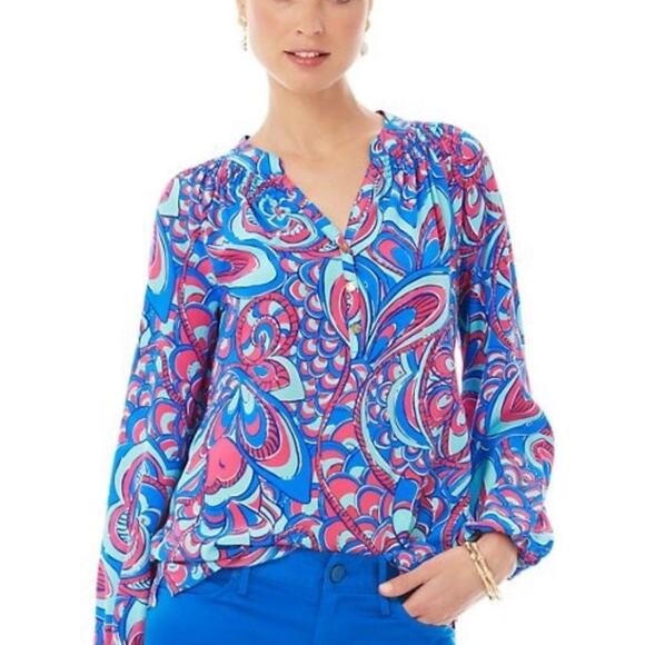 Lilly Pulitzer Elsa Blouse Top in Reel Me In 100% Silk Mermaid Core Vacation Sm - Picture 2 of 12